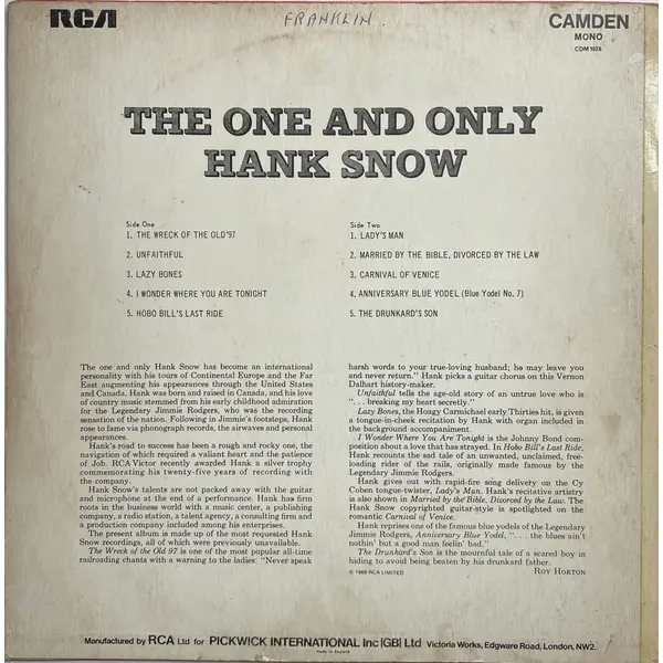 Hank Snow – The One And Only | VinylSelector.com