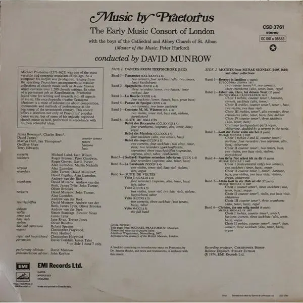 The Early Music Consort Of London Conducted By David Munrow - Michael Praetorius - Music By Praetorius: Dances From Terpsichore / Motets From Musae Sioniae Vinyl LP (LP Record, Album) - NM/VG+ - Classical33.co.uk