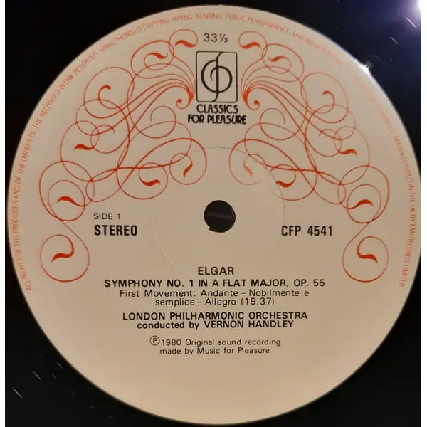 Elgar, London Philharmonic Orchestra, Vernon Handley - Symphony No.1 In A Flat Major, Op.55 Vinyl LP (LP Record, Album) - NM/NM - Classical33.co.uk
