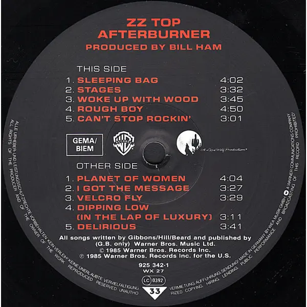 ZZ Top - Afterburner Vinyl LP (LP Record, Album) - NM/VG+ - Classical33.co.uk