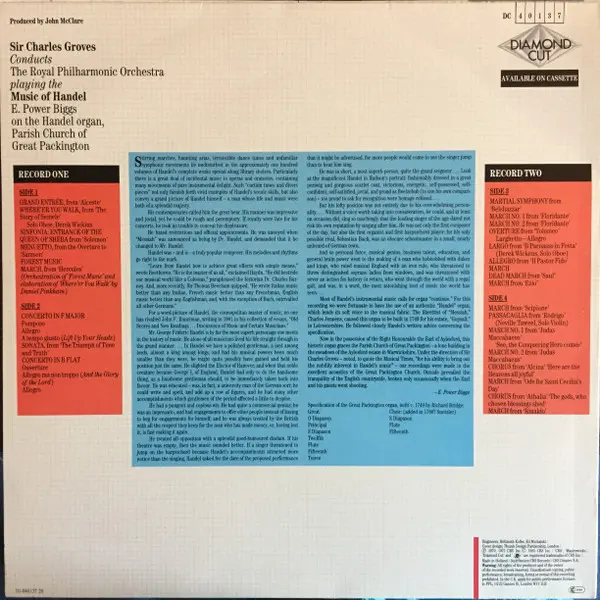 Sir Charles Groves / The Royal Philharmonic Orchestra - The Music Of Handel 2xLP Vinyl (LP Record) - VG+/VG+ - Classical33.co.uk
