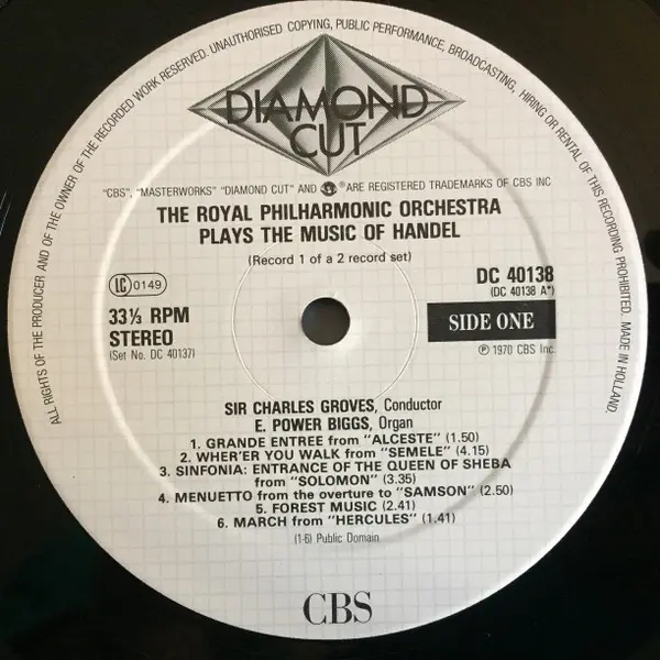 Sir Charles Groves / The Royal Philharmonic Orchestra - The Music Of Handel 2xLP Vinyl (LP Record) - VG+/VG+ - Classical33.co.uk