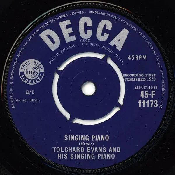 Tolchard Evans - Singing Piano 7 Inch Vinyl Single (7 Inch Record) - VG+/Generic - Classical33.co.uk