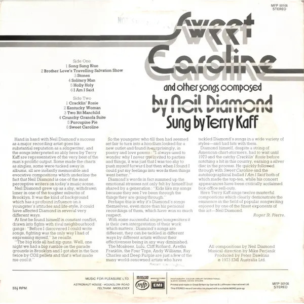 Terry Kaff - Sweet Caroline And Other Songs Composed By Neil Diamond Vinyl LP Album (LP Record) - VG+/VG+ - Classical33.co.uk