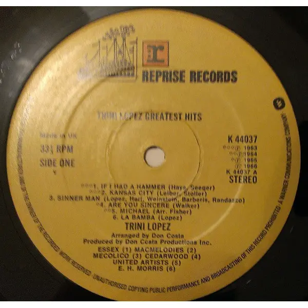 Trini Lopez - Greatest Hits! Vinyl LP Album (LP Record) Compilation - VG+/VG+ - Classical33.co.uk