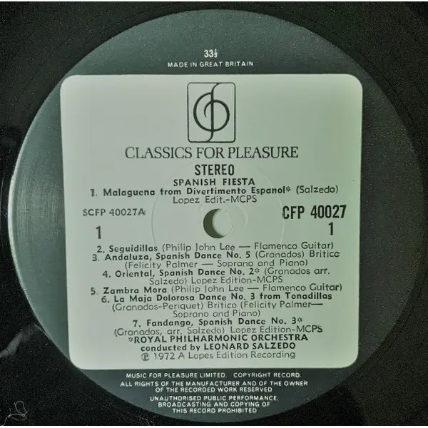 The Royal Philharmonic Orchestra Conducted By Leonard Salzedo - Spanish Fiesta Vinyl LP Album (LP Record) - VG+/VG+ - Classical33.co.uk