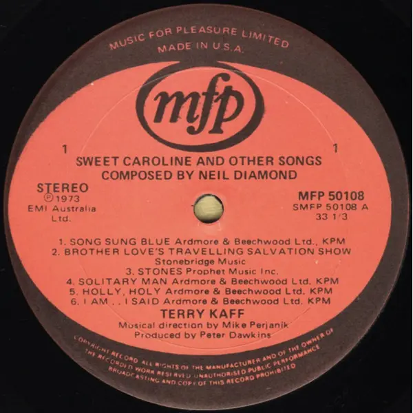 Terry Kaff - Sweet Caroline And Other Songs Composed By Neil Diamond Vinyl LP Album (LP Record) - VG+/VG+ - Classical33.co.uk