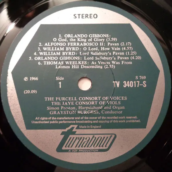 The Purcell Consort Of Voices Directed By G. Burgess / The Jaye Consort Of Viols and S. Preston - Music Of The High Renaissance In England Vinyl LP (LP Record) - NM/NM - Classical33.co.uk