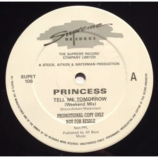 Princess - Tell Me Tomorrow 10 Inch Vinyl (10 Inch Record, Single, Promo) - NM/VG+ - Classical33.co.uk