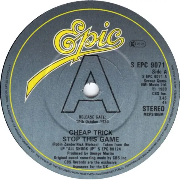 Cheap Trick - Stop This Game 7 Inch Vinyl Single (7 Inch Record, Promo) - NM/VG+ - Classical33.co.uk