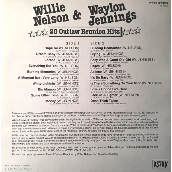 Waylon Jennings and Willie Nelson - 20 Outlaw Reunion Hits Vinyl LP (LP Record, Album, Compilation) - NM/VG+ - Classical33.co.uk