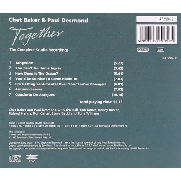 Chet Baker and Paul Desmond - Together (CD, Compilation) - VG+/VG+ - Classical33.co.uk