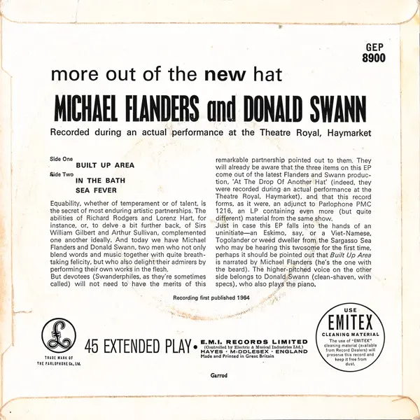 Flanders and Swann - More Out Of The New Hat 7 Inch Vinyl Single (7 Inch Record, EP) (Jukebox Record) - NM/VG+ - Classical33.co.uk