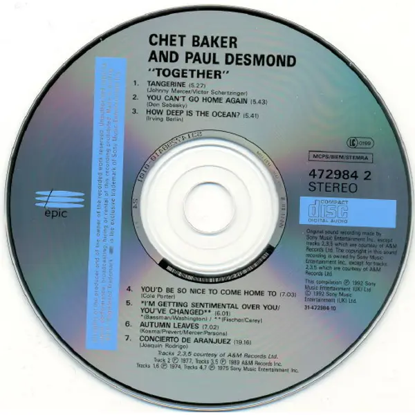 Chet Baker and Paul Desmond - Together (CD, Compilation) - VG+/VG+ - Classical33.co.uk