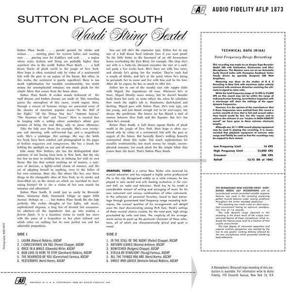 Vardi String Sextet - Sutton Place South Vinyl LP (LP Record) Mono - VG+/VG+ - Classical33.co.uk