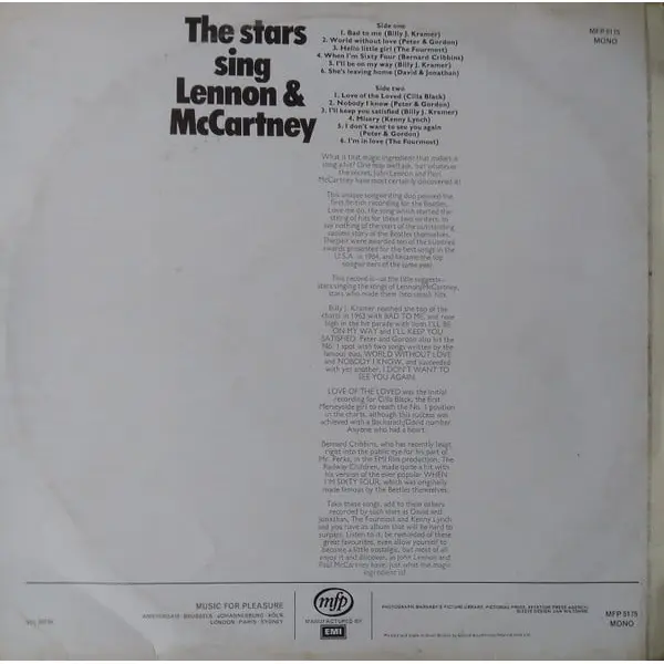 The Stars Sing Lennon and McCartney Vinyl LP (LP Record, Compilation, Mono) - VG+/VG+ - Classical33.co.uk
