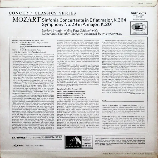 Mozart, Norbert Brainin, Peter Schidlof, Zinman, Netherlands Chamber Orchestra - Sinfonia Concertante, K.364 - Symphony No.29 In A, K.201 Vinyl LP (LP Record) - VG+/VG+ - Classical33.co.uk