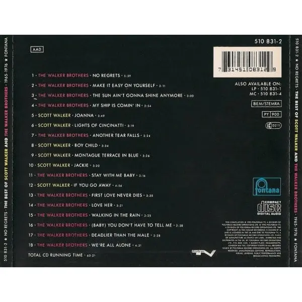Scott Walker And The Walker Brothers - No Regrets - The Best Of Scott Walker And The Walker Brothers - 1965 - 1976 (CD, Compilation) - NM/NM - Classical33.co.uk