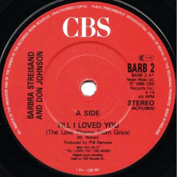 Barbra Streisand And Don Johnson - Till I Loved You 7 Inch Vinyl Single (7 Inch Record) - NM/VG+ - Classical33.co.uk