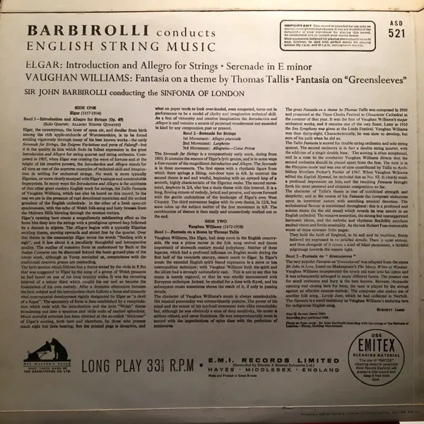 Sir Edward Elgar, Ralph Vaughan Williams / The Sinfonia Of London / Sir John Barbirolli - Barbirolli Conducts English String Music LP Vinyl Album (LP Record) - VG+/VG+ - Classical33.co.uk