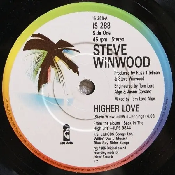 Steve Winwood - Higher Love 7 Inch Vinyl Single (7 Inch Record) - VG+/VG+ - Classical33.co.uk