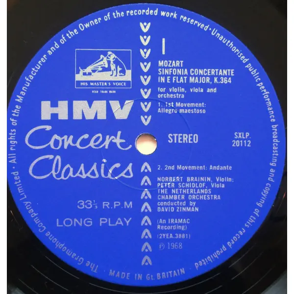 Mozart, Norbert Brainin, Peter Schidlof, Zinman, Netherlands Chamber Orchestra - Sinfonia Concertante, K.364 - Symphony No.29 In A, K.201 Vinyl LP (LP Record) - VG+/VG+ - Classical33.co.uk