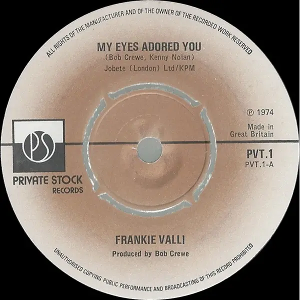 Frankie Valli - My Eyes Adored You 7 Inch Vinyl Single (7 Inch Record) (Jukebox Record) - VG+/Generic - Classical33.co.uk
