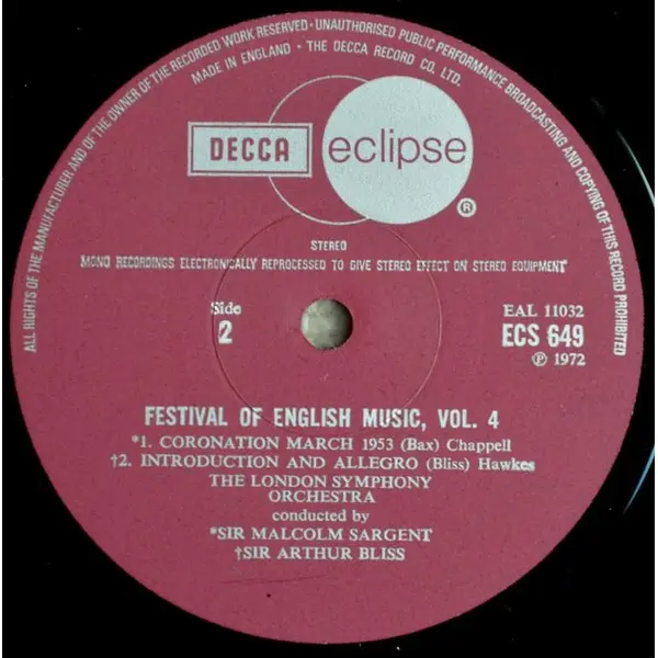 Elgar, Bax, Walton, Bliss - Festival Of English Music Vol. 4 Vinyl LP Album (LP Record) - VG+/VG+ - Classical33.co.uk
