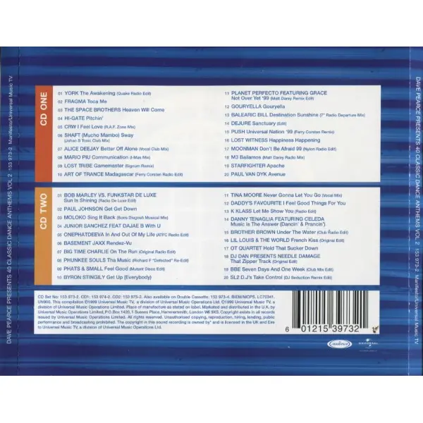 Dave Pearce - 40 Classic Dance Anthems Vol 2 (2xCD, Compilation) - VG+/VG+ - Classical33.co.uk