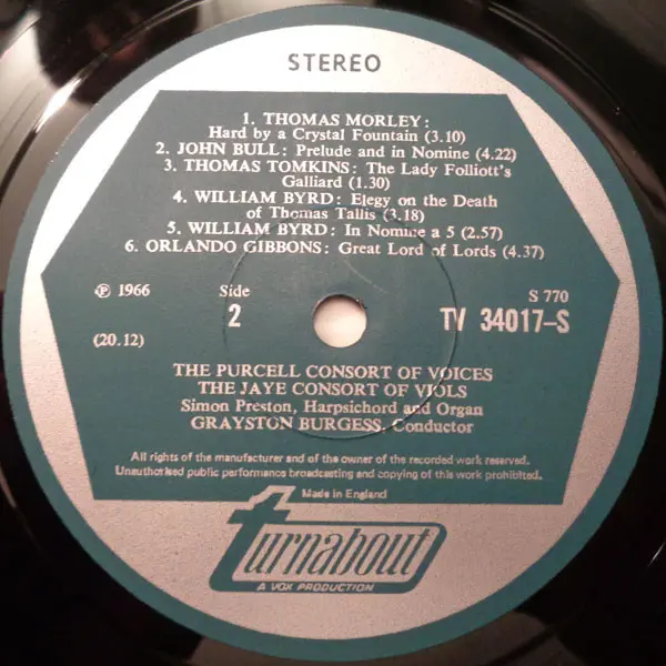 The Purcell Consort Of Voices Directed By G. Burgess / The Jaye Consort Of Viols and S. Preston - Music Of The High Renaissance In England Vinyl LP (LP Record) - NM/NM - Classical33.co.uk