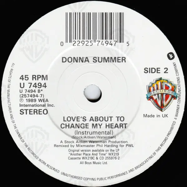 Donna Summer - Love's About To Change My Heart 7 Inch Vinyl Single (7 Inch Record) - NM/VG+ - Classical33.co.uk