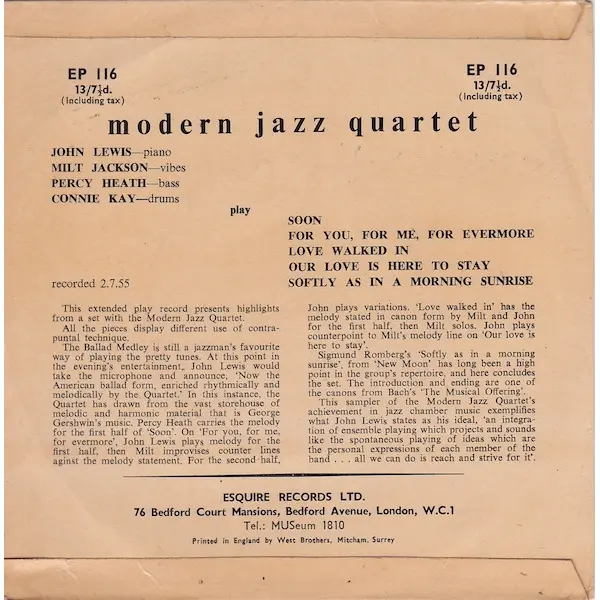 The Modern Jazz Quartet - Modern Jazz Quartet 7 Inch Vinyl Single (7 Inch Record, EP) (Jukebox Record) - VG+/VG+ - Classical33.co.uk
