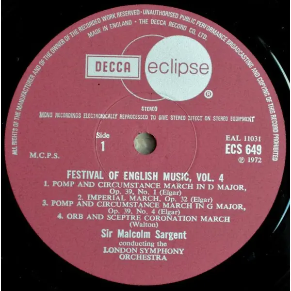 Elgar, Bax, Walton, Bliss - Festival Of English Music Vol. 4 Vinyl LP Album (LP Record) - VG+/VG+ - Classical33.co.uk