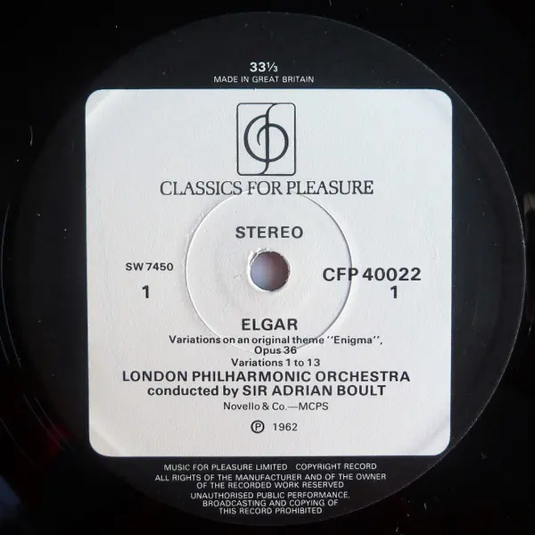 Elgar / The London Philharmonic Orchestra / Sir Adrian Boult - Enigma Variations / Introduction Allegro For Strings Vinyl LP (LP Record) - NM/VG+ - Classical33.co.uk