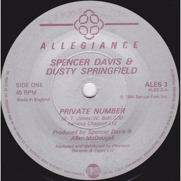 Spencer Davis and Dusty Springfield - Private Number 7 Inch Vinyl Single (7 Inch Record) - VG+/Generic - Classical33.co.uk
