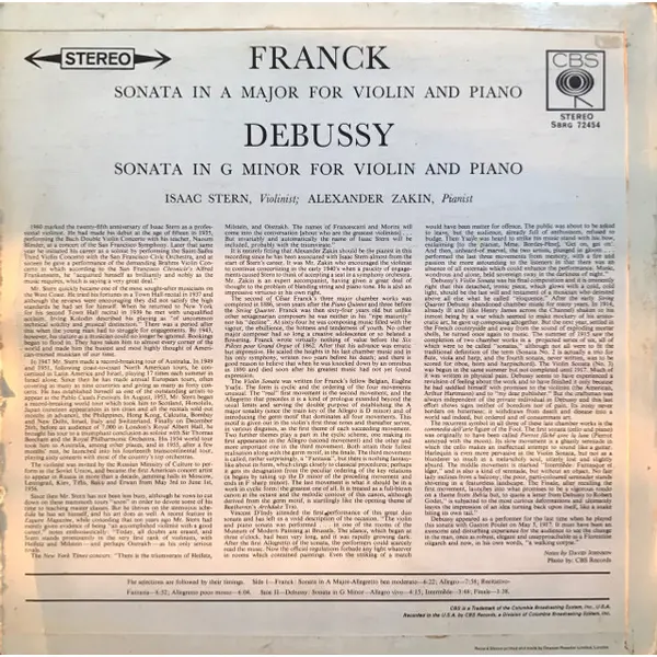 Isaac Stern - Alexander Zakin ; Franck / Debussy - Sonata In A Major / Sonata In G Minor Vinyl LP (LP Record) - NM/VG+ - Classical33.co.uk