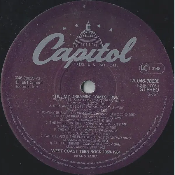 Til My Dreamin' Comes True - West Coast Teen Rock 1958-1964 Vinyl LP (LP Record, Compilation) - VG+/VG - Classical33.co.uk