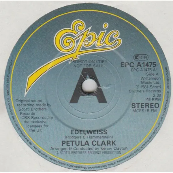 Petula Clark - Edelweiss 7 Inch Vinyl Single (7 Inch Record, Promo) - VG+/VG+ - Classical33.co.uk