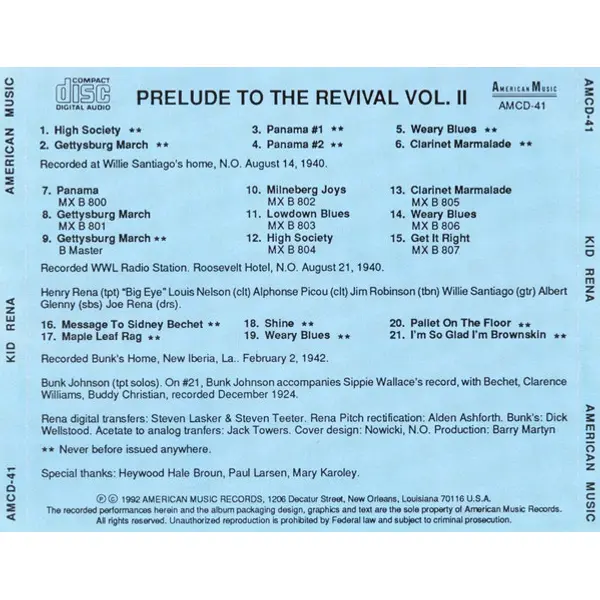Kid Rena / Bunk Johnson - Prelude To The Revival Vol. II (Kid Rena 1940 / Bunk Johnson: The Very First Recordings) (CD, Compilation) - NM/NM - Classical33.co.uk