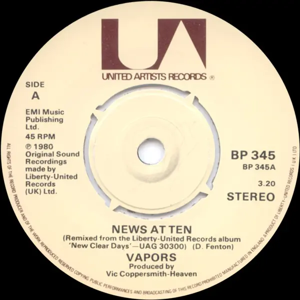 The Vapors - News At Ten 7 Inch Vinyl Single (7 Inch Record) - VG+/VG+ - Classical33.co.uk