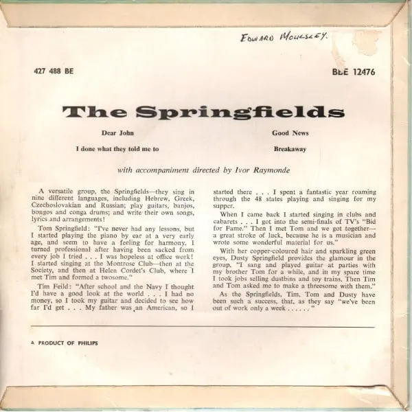 The Springfields - The Springfields 7 Inch Vinyl Single (7 Inch Record, EP) - VG+/VG+ - Classical33.co.uk