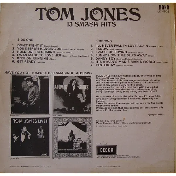 Tom Jones - 13 Smash Hits Vinyl LP Album (LP Record) Mono - VG+/VG+ - Classical33.co.uk
