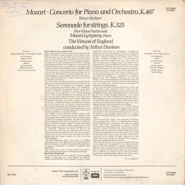 Mozart - Moura Lympany • The Virtuosi Of England • Arthur Davison - Piano Concerto No. 21 • Eine Kleine Nachtmusik 'Elvira Madigan' (LP, Sle) - VG+/VG+ - Classical33.co.uk