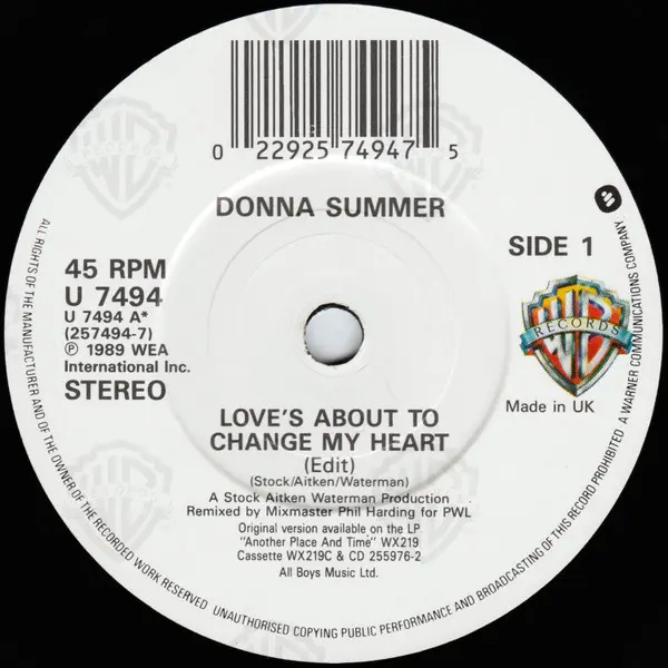 Donna Summer - Love's About To Change My Heart 7 Inch Vinyl Single (7 Inch Record) - NM/VG+ - Classical33.co.uk