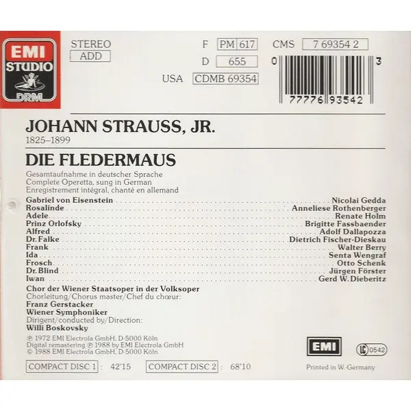 Johann Strauss – Rothenberger • Fischer-Dieskau • Gedda • Holm • Fassbaender • Dallapozza • Berry • Schenk / Wiener Symphoniker • Willi Boskovsky - Die Fledermaus (2xCD, Album) - NM/NM - Classical33.co.uk