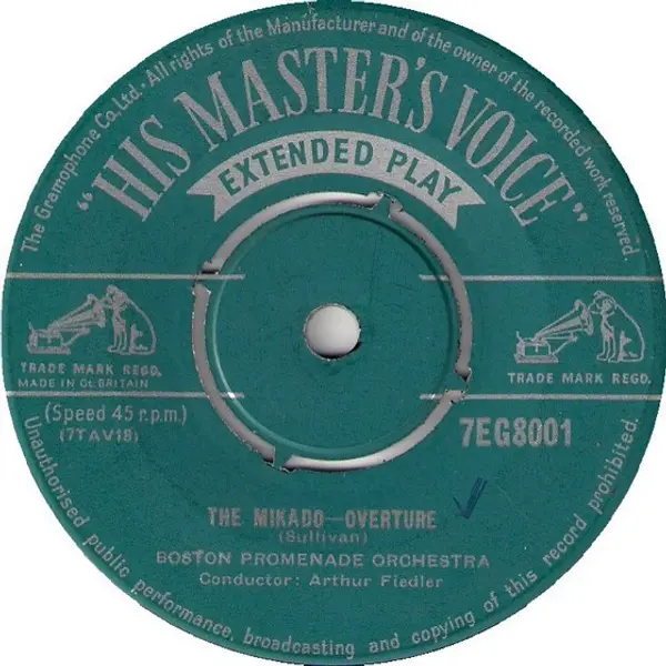 Boston Promenade Orchestra, Arthur Fiedler - The Mikado / The Pirates Of Penzance 7 Inch Vinyl Single (7 Inch Record, EP, Mono) (Jukebox Record) - VG+/VG+ - Classical33.co.uk