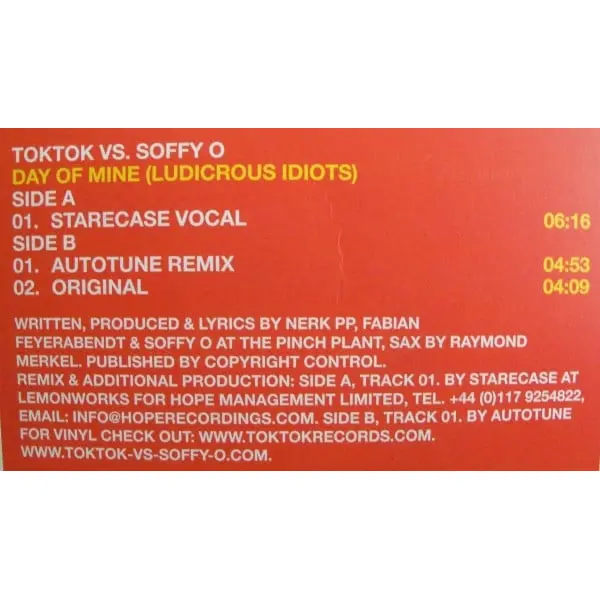Toktok vs. Soffy O. - Day Of Mine (Ludicrous Idiots) 12 Inch Vinyl Single (12 Inch Record) - VG+/VG+ - Classical33.co.uk