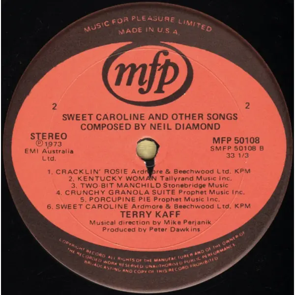 Terry Kaff - Sweet Caroline And Other Songs Composed By Neil Diamond Vinyl LP Album (LP Record) - VG+/VG+ - Classical33.co.uk