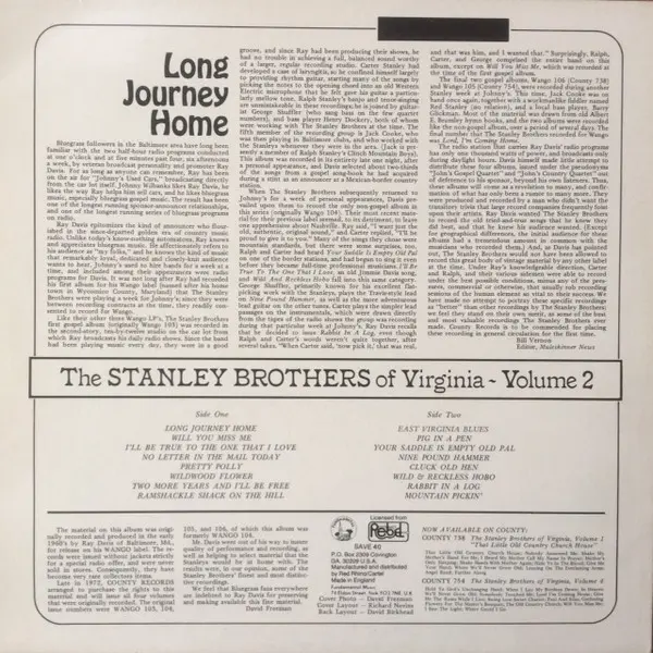 The Stanley Brothers - Vol. 2 Long Journey Home Vinyl LP (LP Record, Album) - NM/NM - Classical33.co.uk